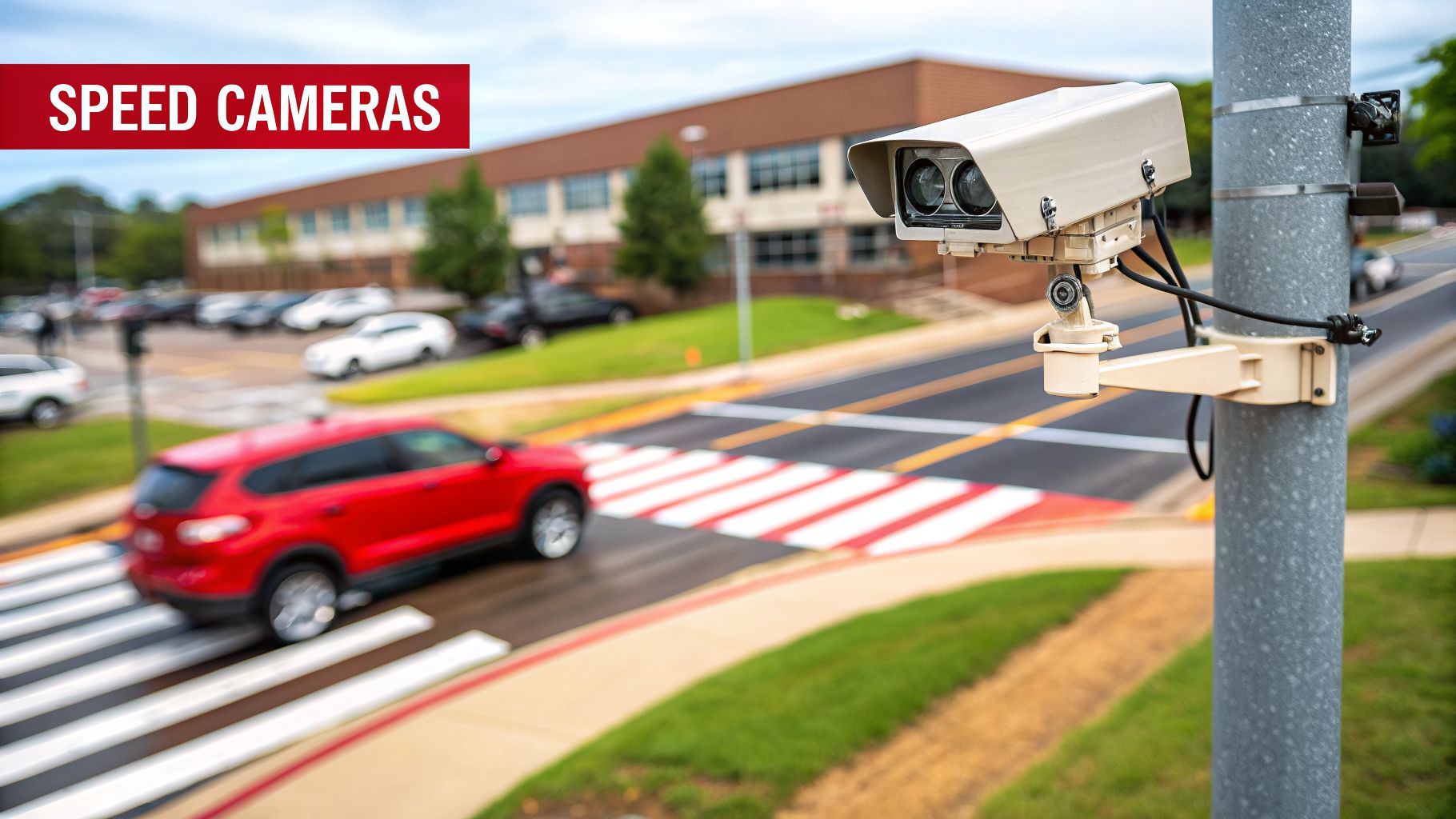 A speed camera monitors a red car crossing a pedestrian crosswalk in front of a school building.