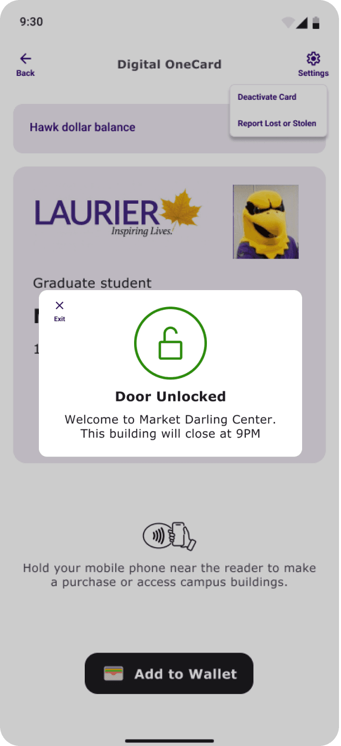 Mid-fidelity design of a pop-up message indicating 'Door Unlocked,' with a simple layout and clear confirmation icon.