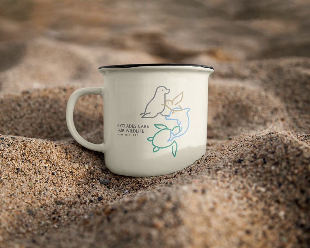 Branded item design for Cyclades Care for Wildlife on an enamel mug, with a clean and legible logo application
