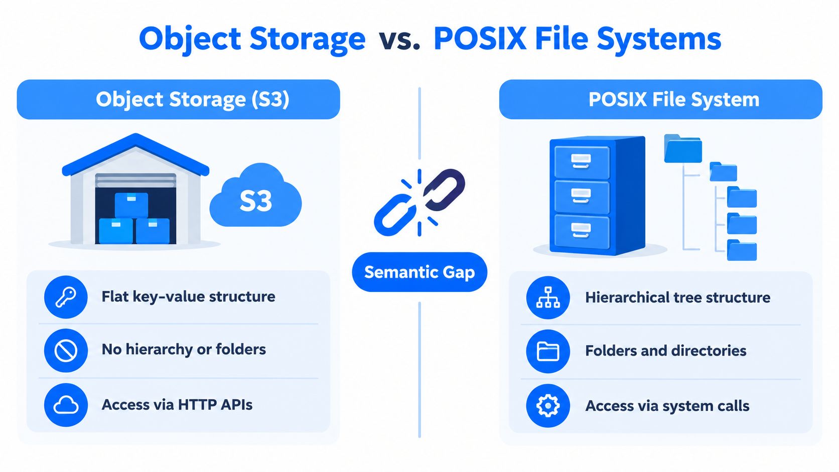 A comparison diagram highlighting the technical differences between S3 object storage and POSIX file systems.