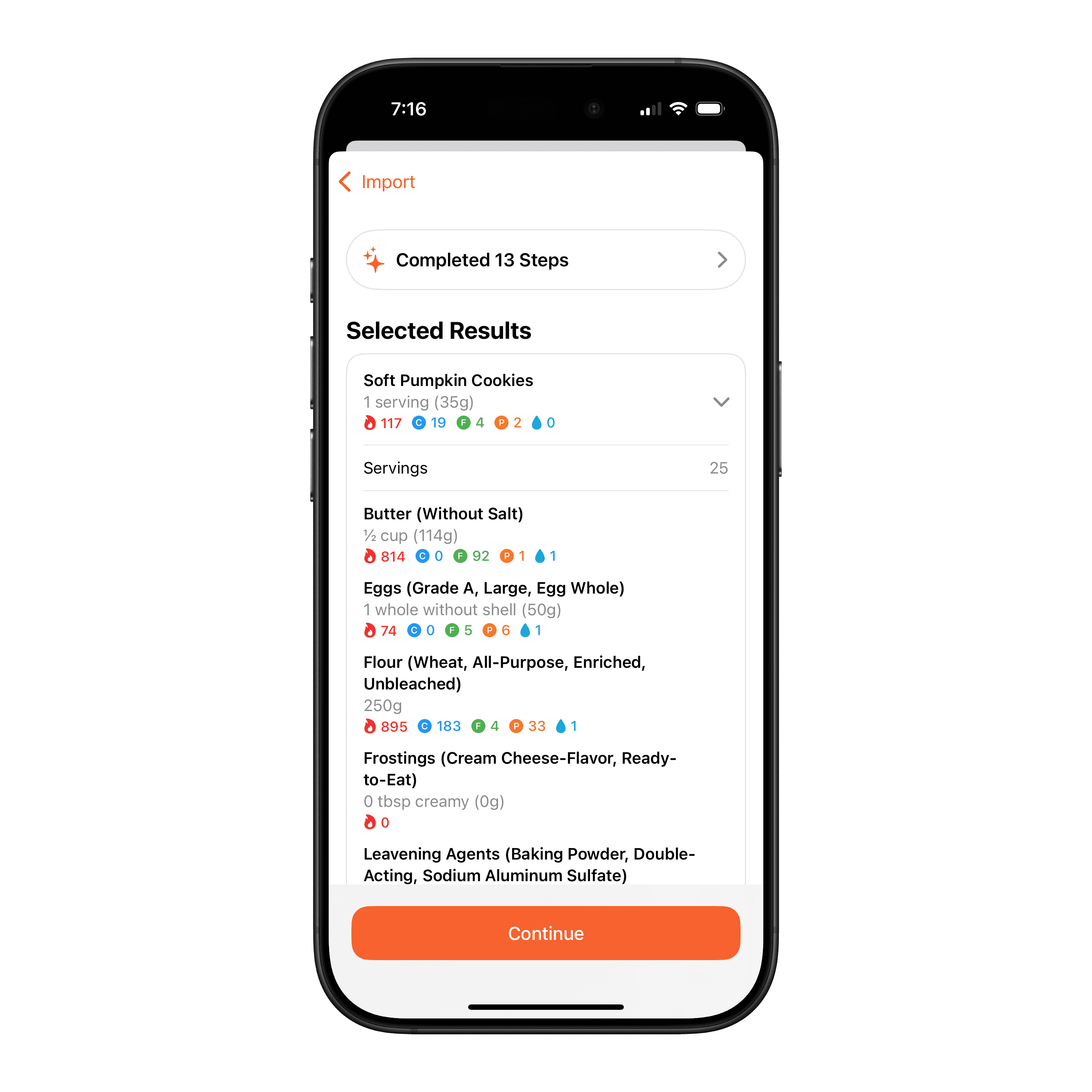 Imported recipes use real data from the Foodnoms database