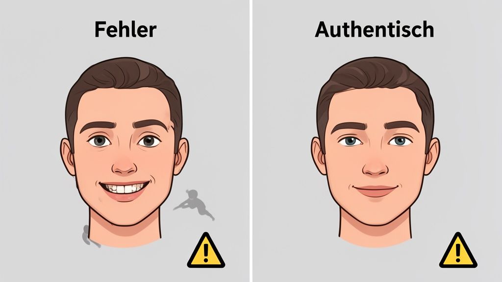Bildvergleich: Fehlerhaftes Profilbild (aufgesetzt lächelnd) vs. authentisches Profilbild (natürlich lächelnd) zur AI-Erstellung.