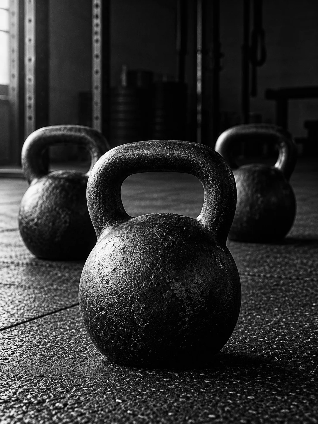 Three kettlebells on a gym floor