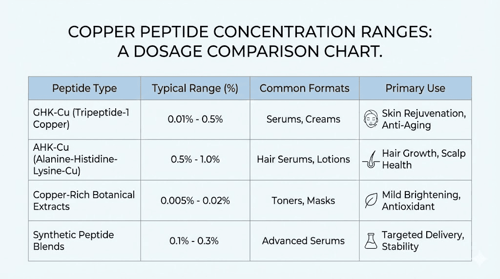 Copper peptide dosage comparison chart for GHK-CU, AHK-CU, and SRCP