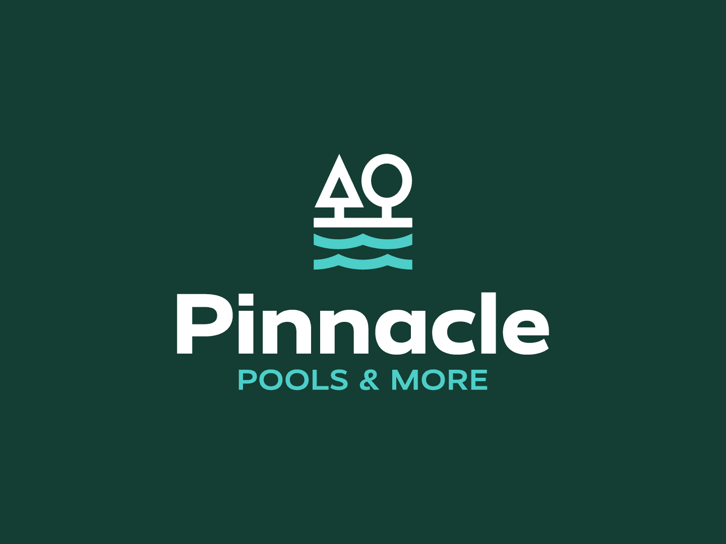 Pinnacle Pools & More logo: simple white trees above teal lake waves, on dark green