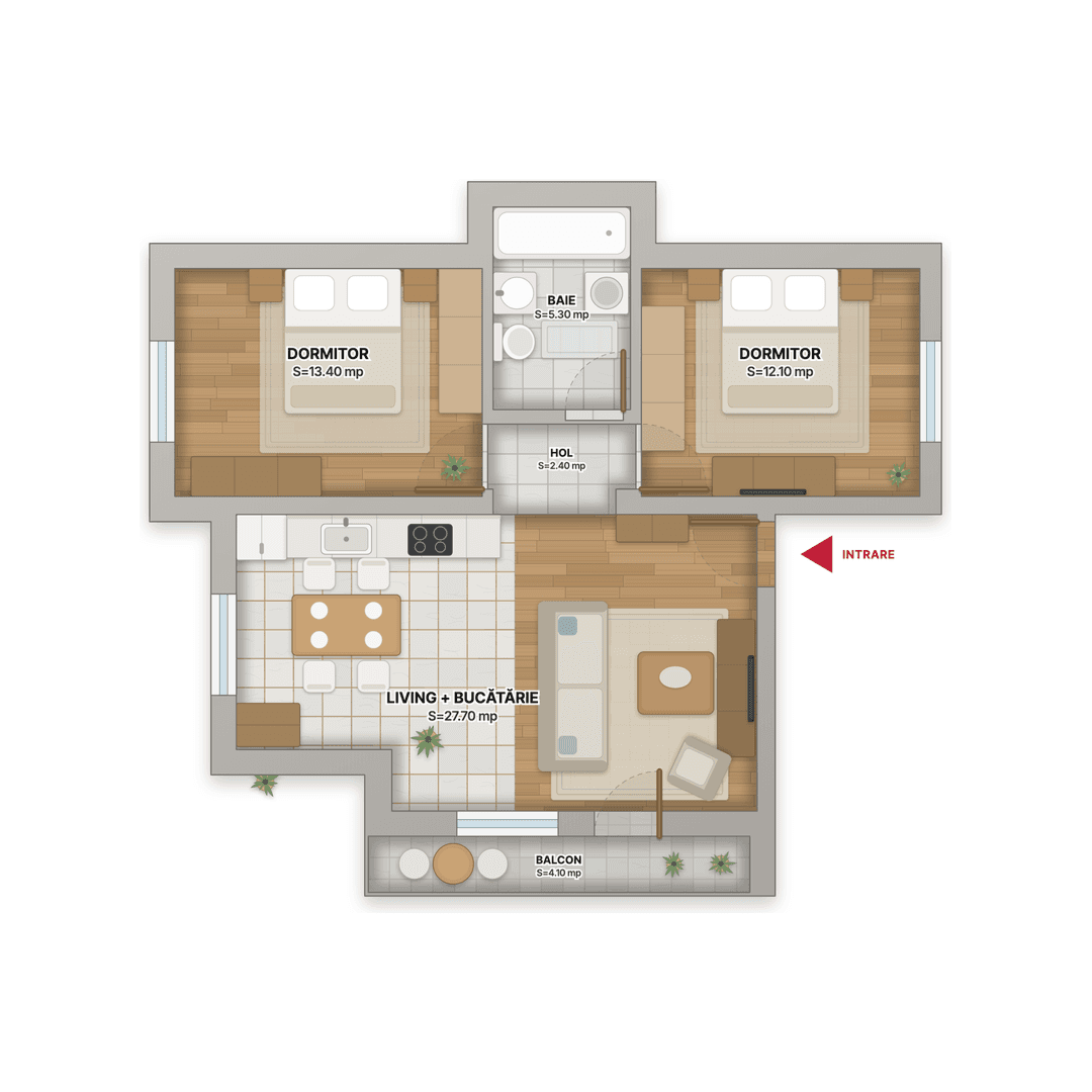 Plan mobilat apartament 5, bloc C1, Cetății Residence Bistrița – living cu bucătărie, două dormitoare, baie și balcon