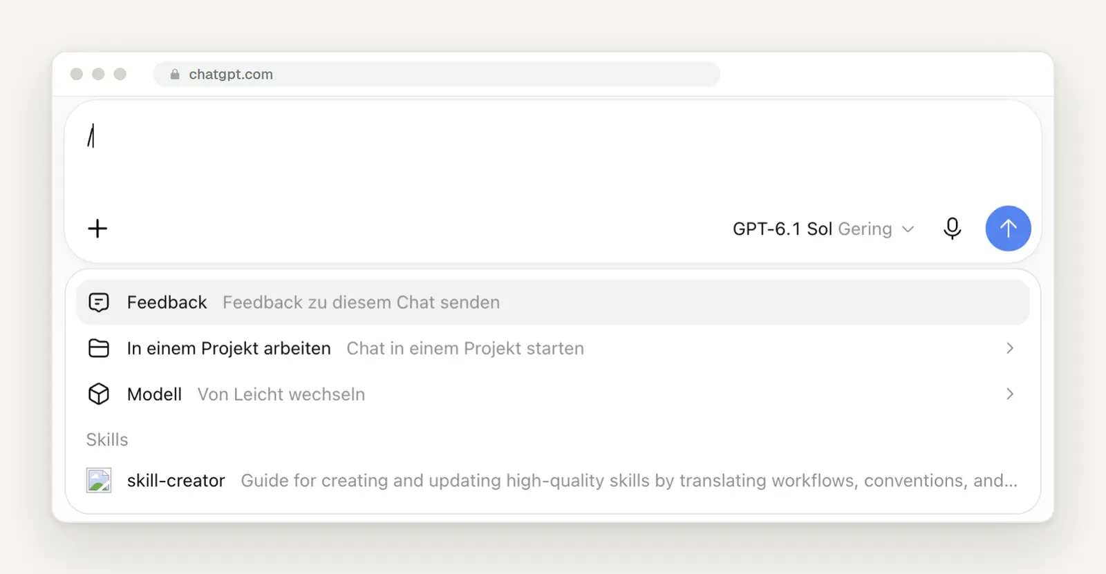 Schrägstrich-Menü in ChatGPT Work mit Skills