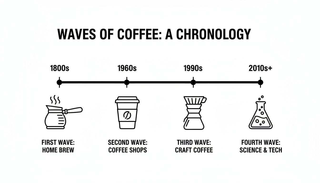 A timeline depicting the four waves of coffee: home brew, coffee shops, craft, and science & tech.