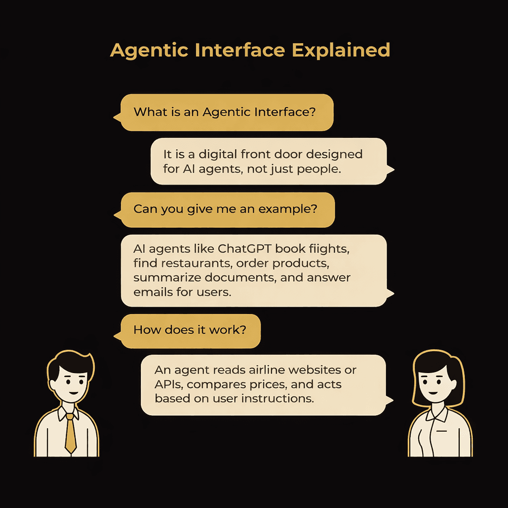 Conversation-style diagram explaining agentic interfaces as digital front doors for AI agents that read websites, compare options, and act on user instructions.