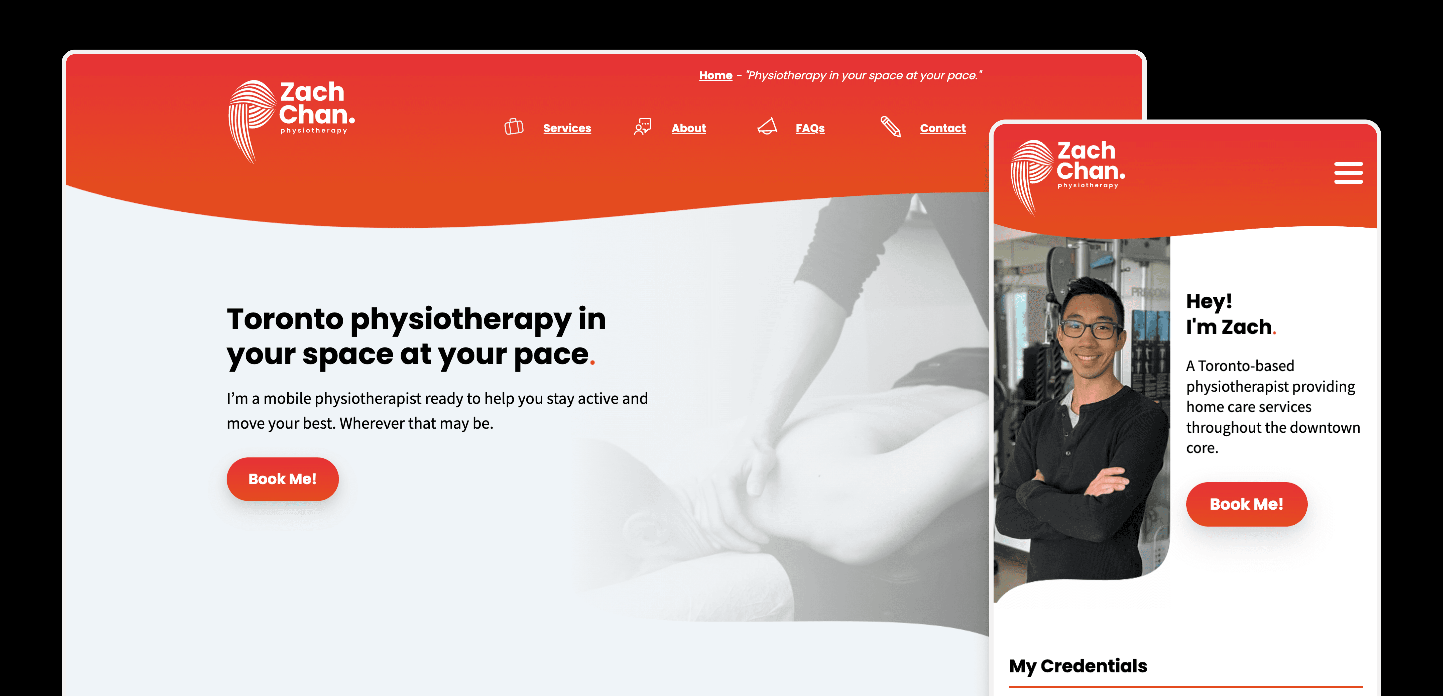 Website homepage design for Zach Chan Physiotherapy, highlighting mobile physiotherapy services in Toronto with a bold red brand, clear messaging, and booking calls to action.