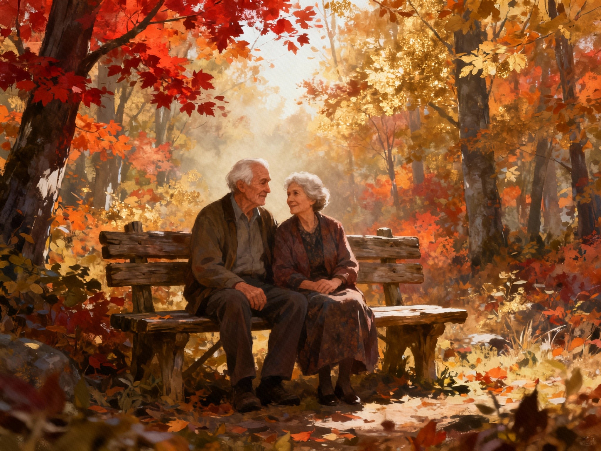 A fine-art illustration-inspired scene of an elderly couple seated together on a rustic wooden bench