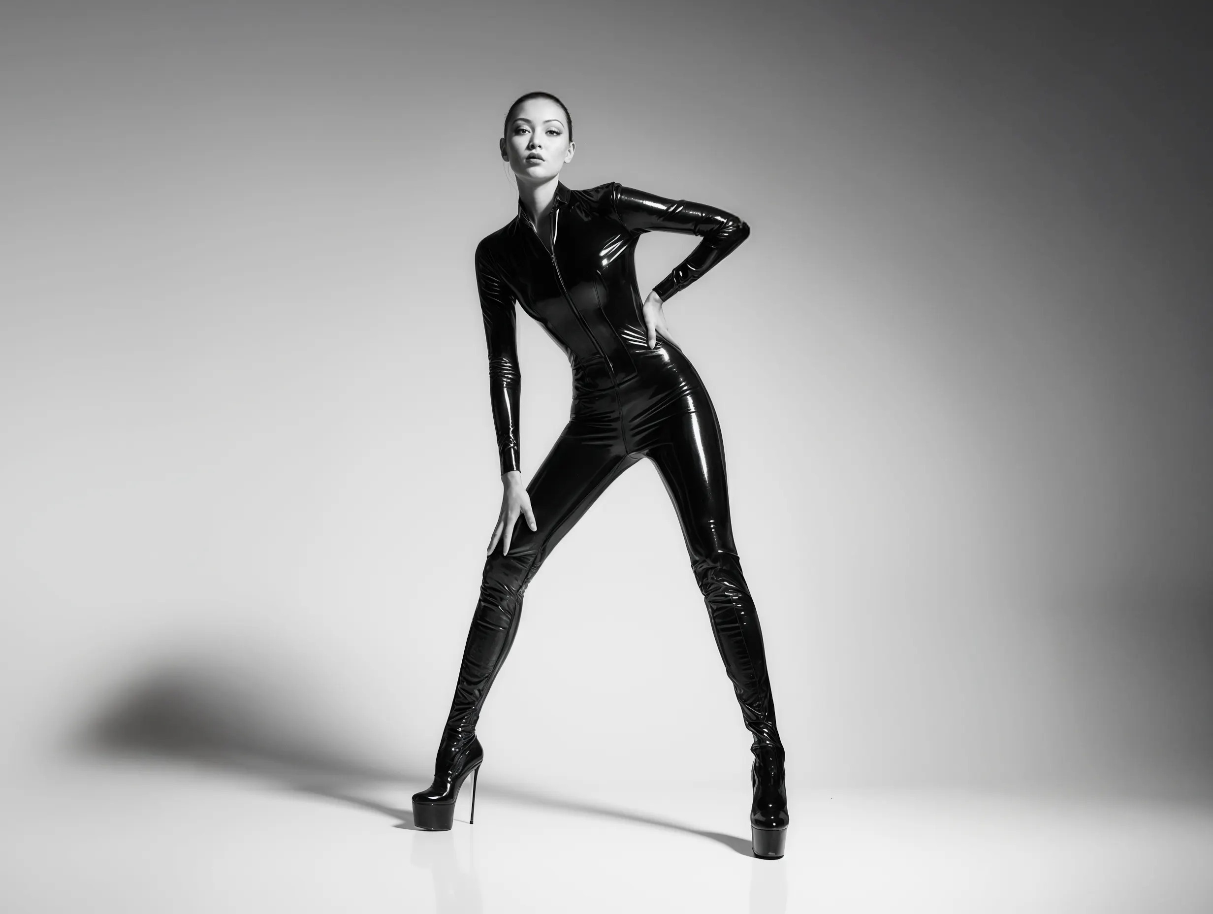 Full-length studio image of a model posing in a black high-gloss outfit