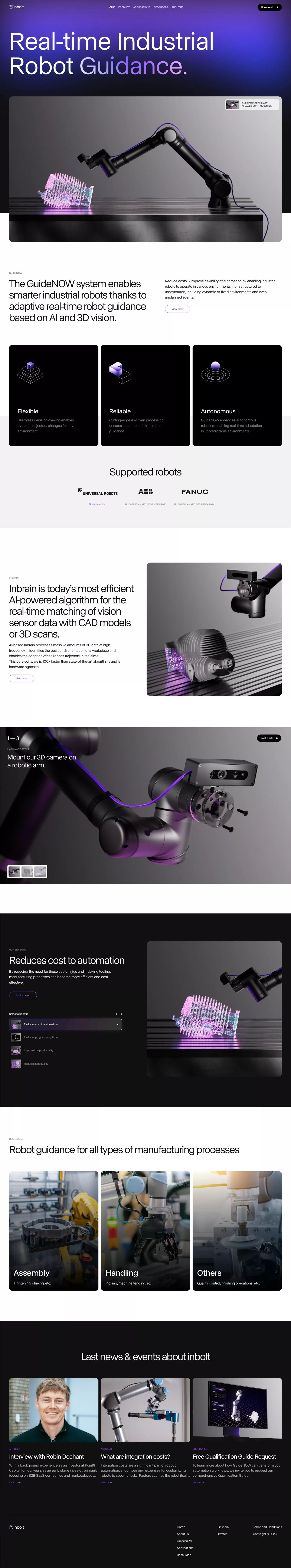 Inbolt - Real-Time Industrial Robot Guid landing page screenshot showcasing Tech and AI design