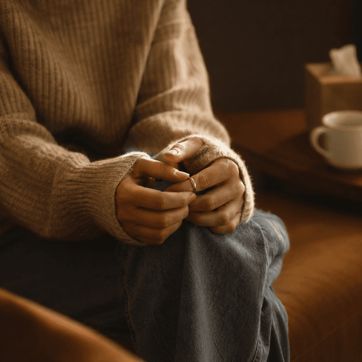 A person in a knitted sweater turning their ring while seated on a therapy couch