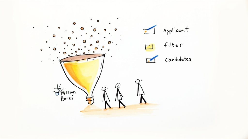 Illustration of a recruitment funnel, showing many applicants filtered into a few candidates for a mission brief.