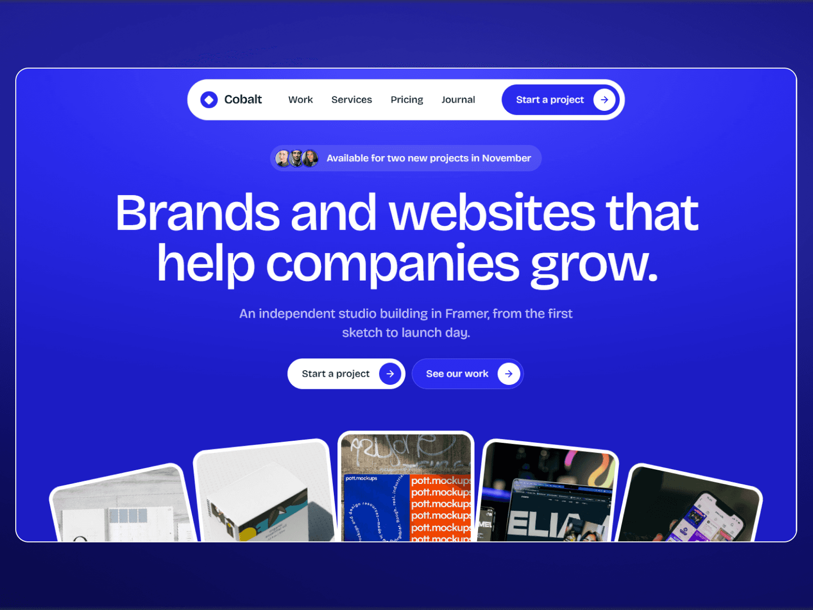 The Cobalt Studio Framer template, an agency home page with the headline Brands and websites that help companies grow above a row of project cards