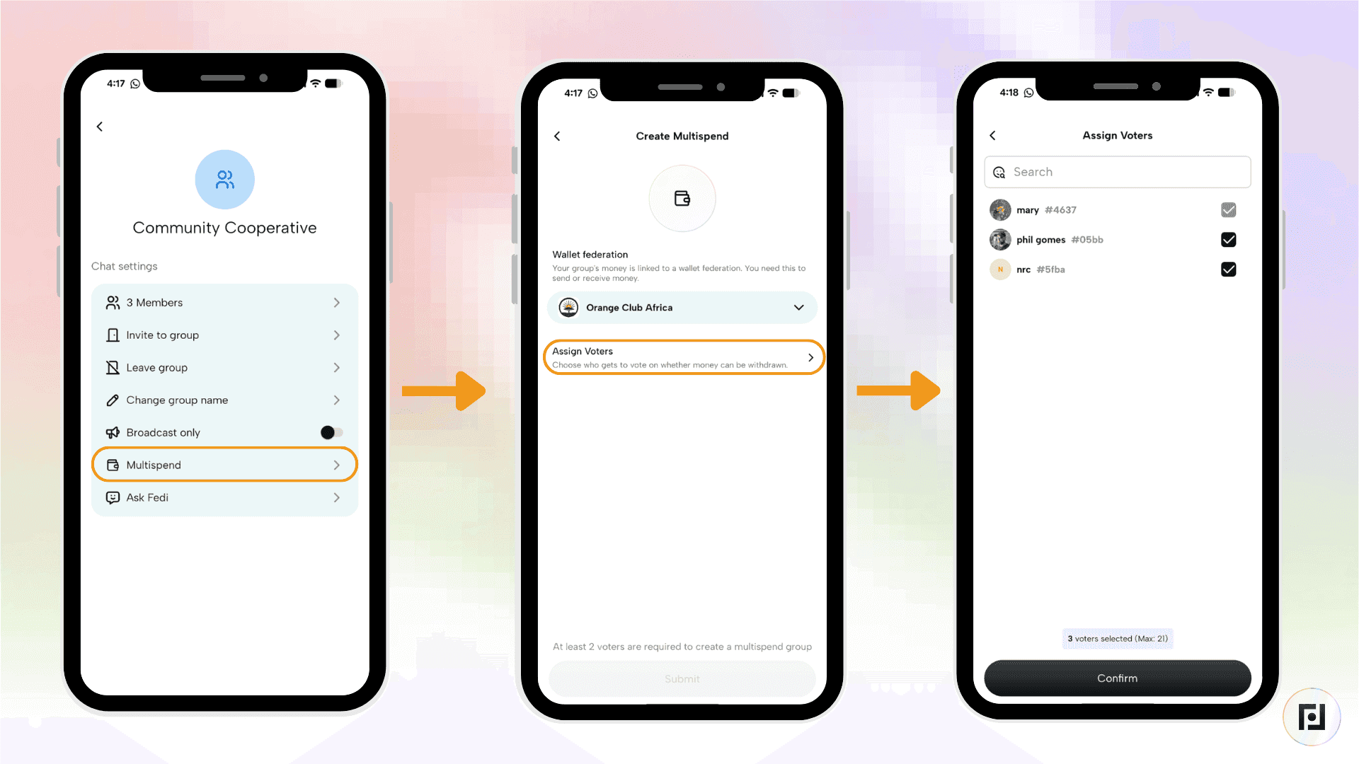 Fedi app Create Multispend screen showing wallet federation selection and Assign Voters flow with three members selected and Confirm button