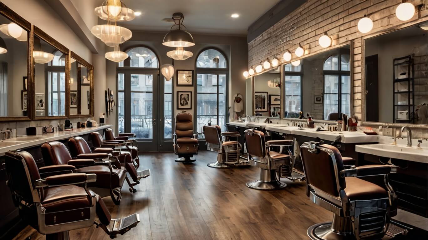 a modern barber shop with a tall arched windows and lots of chairs