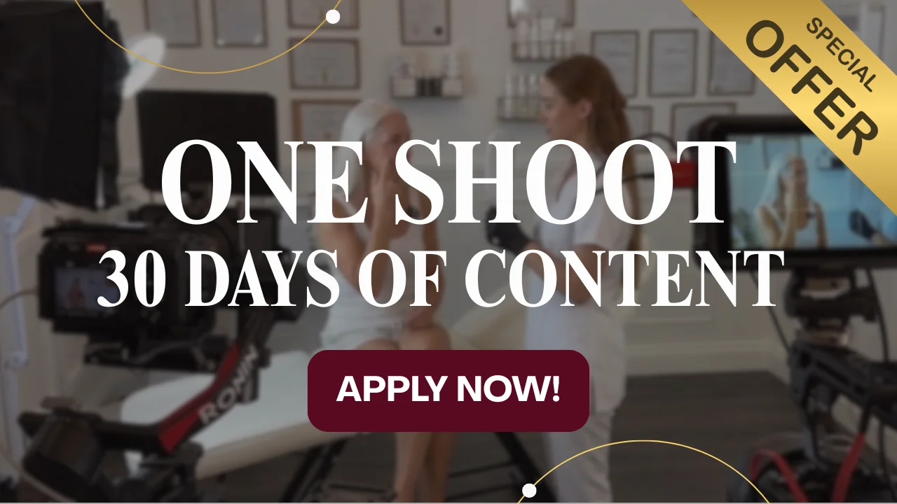 Marketing banner for aesthetic clinics highlighting a special Content Sprint offer with professional filming equipment in the background