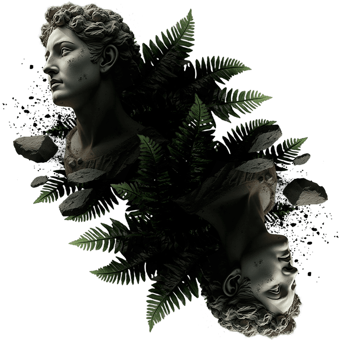 Arte de fundo com dois bustos e folhas de samambaia