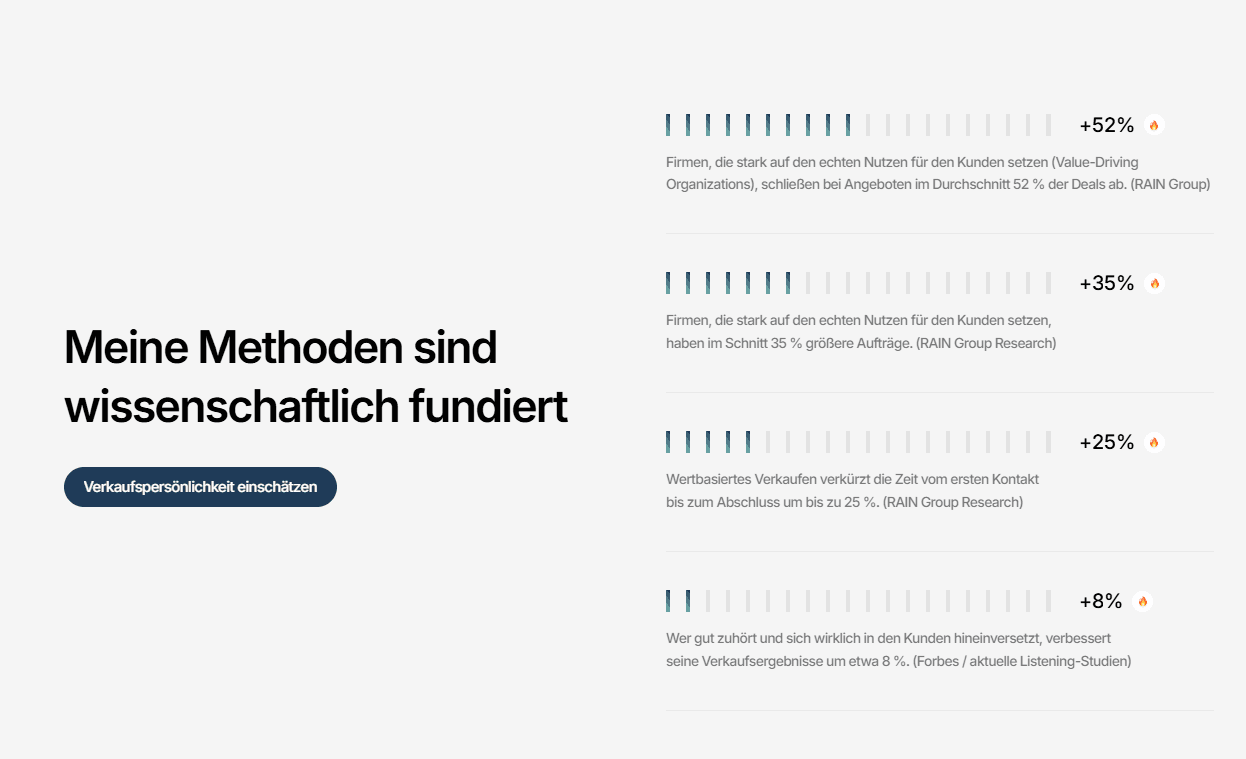 "meine Methoden sind wissenschaftlich fundiert" - website-sektion auf der seite von thomas hammer