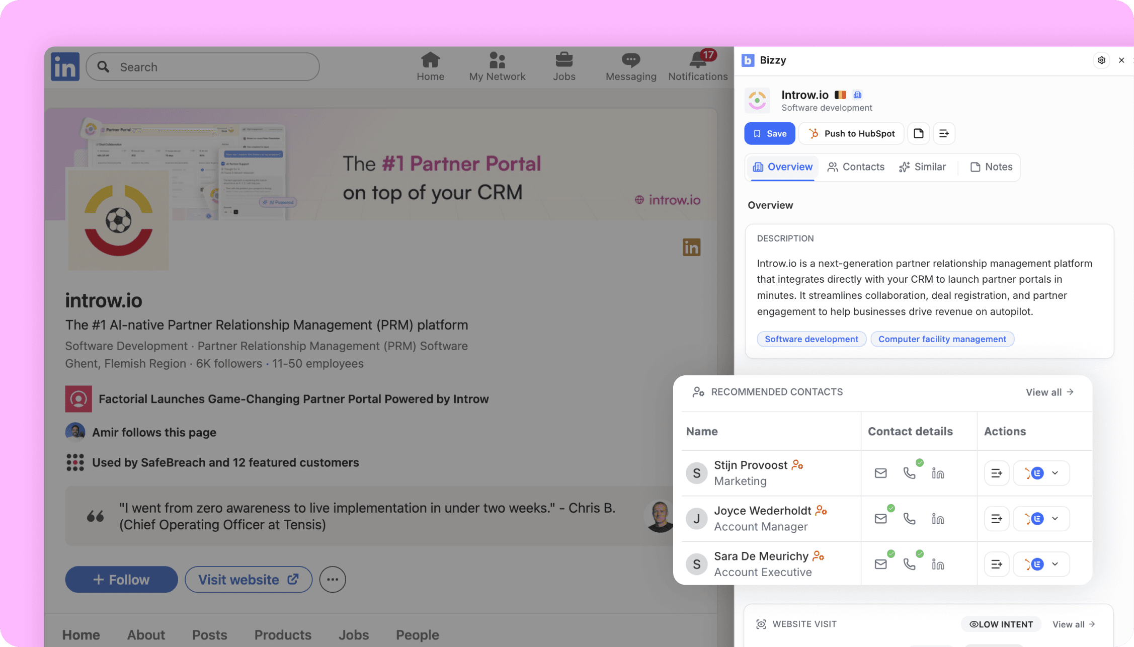 Sales prospecting Chrome extension sidebar showing company data on LinkedIn