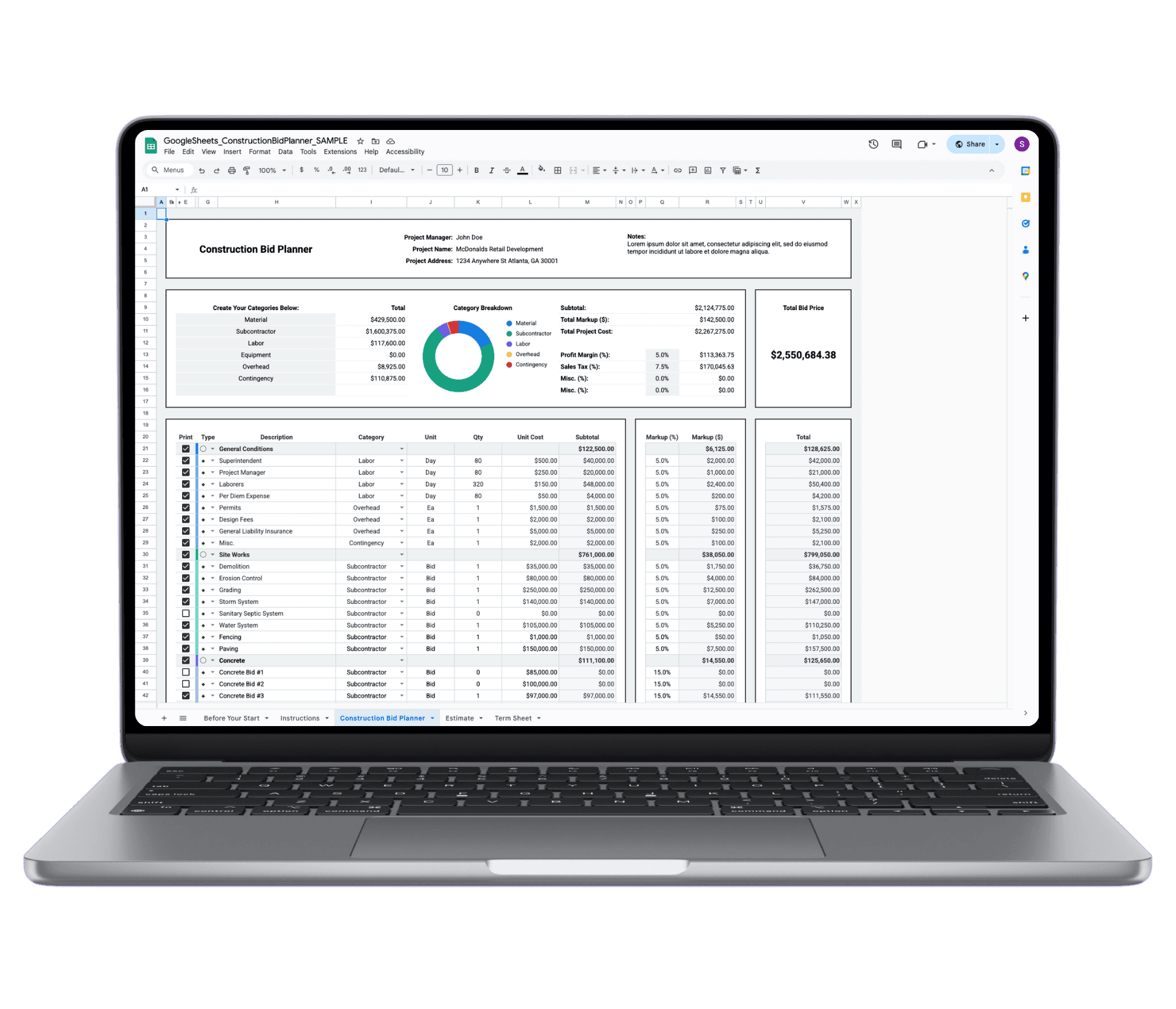 Mighty Template Construction Bid Template spreadsheet on laptop displaying total project cost, contingencies, pie chart breakdown, and detailed bid entries