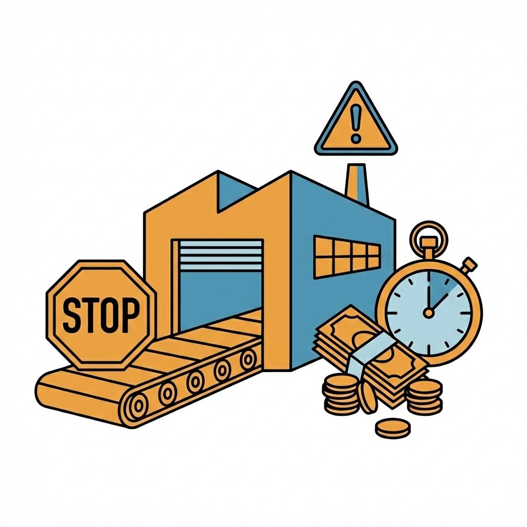 Illustration: Fabrik mit Stoppschild, Warndreieck, Uhr und Geld. Symbol für teuren Produktionsstillstand und Zeitverlust.