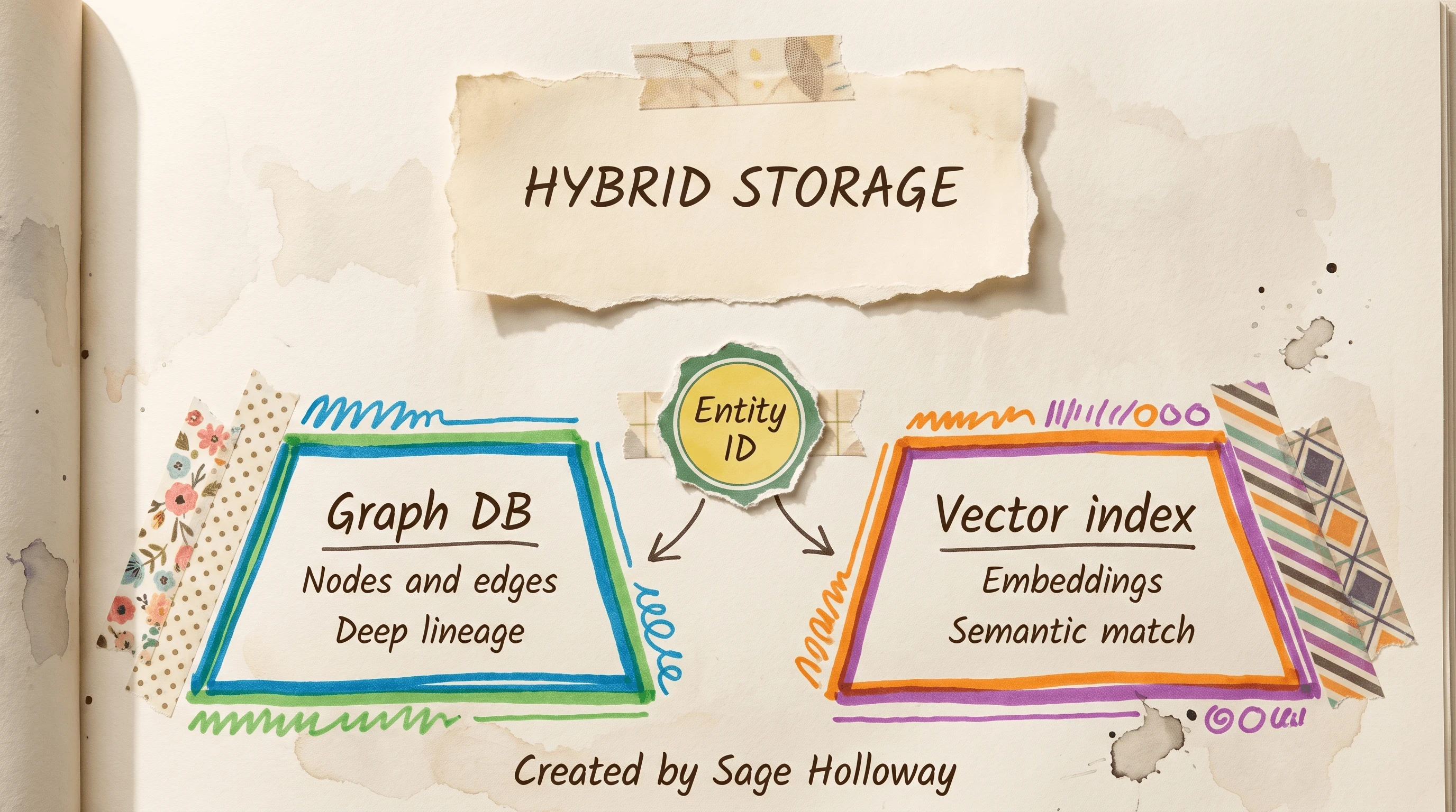 Scrapbook diagram of parallel graph database and vector index stores linked by entity IDs