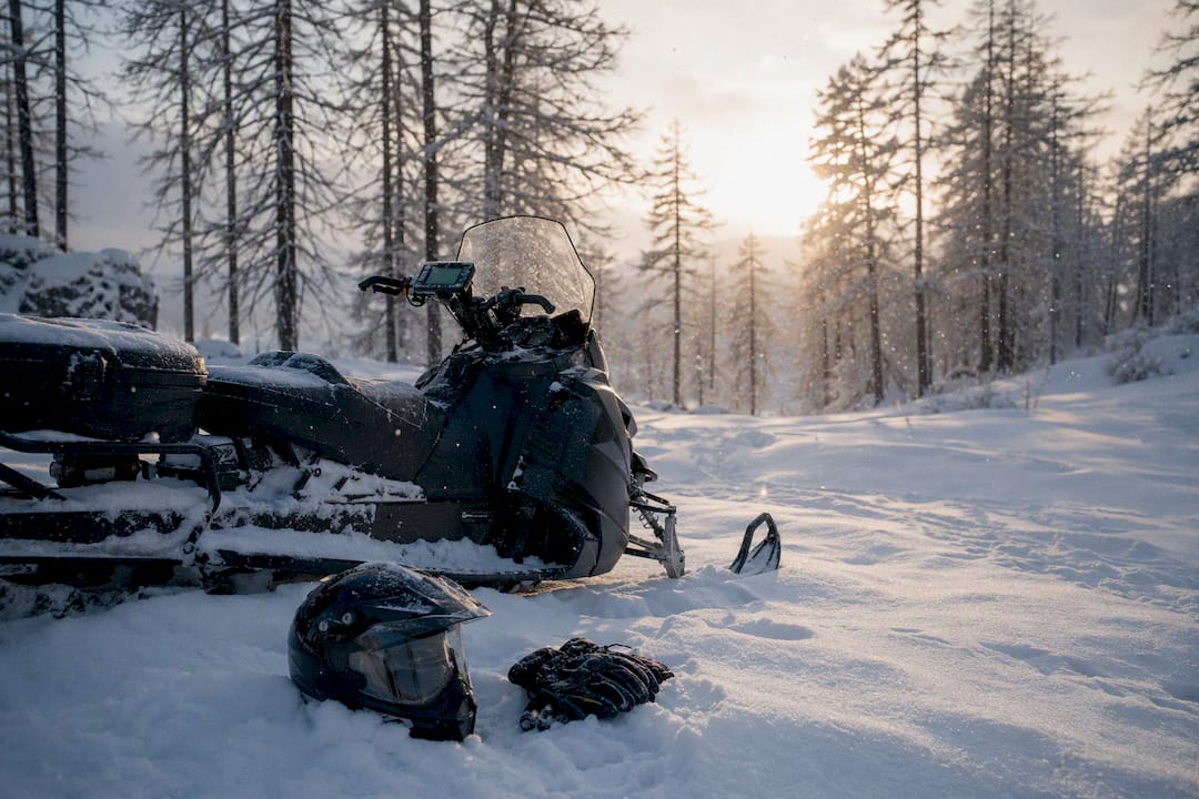 Snowmobile handlebars and winter riding gear resting on snow