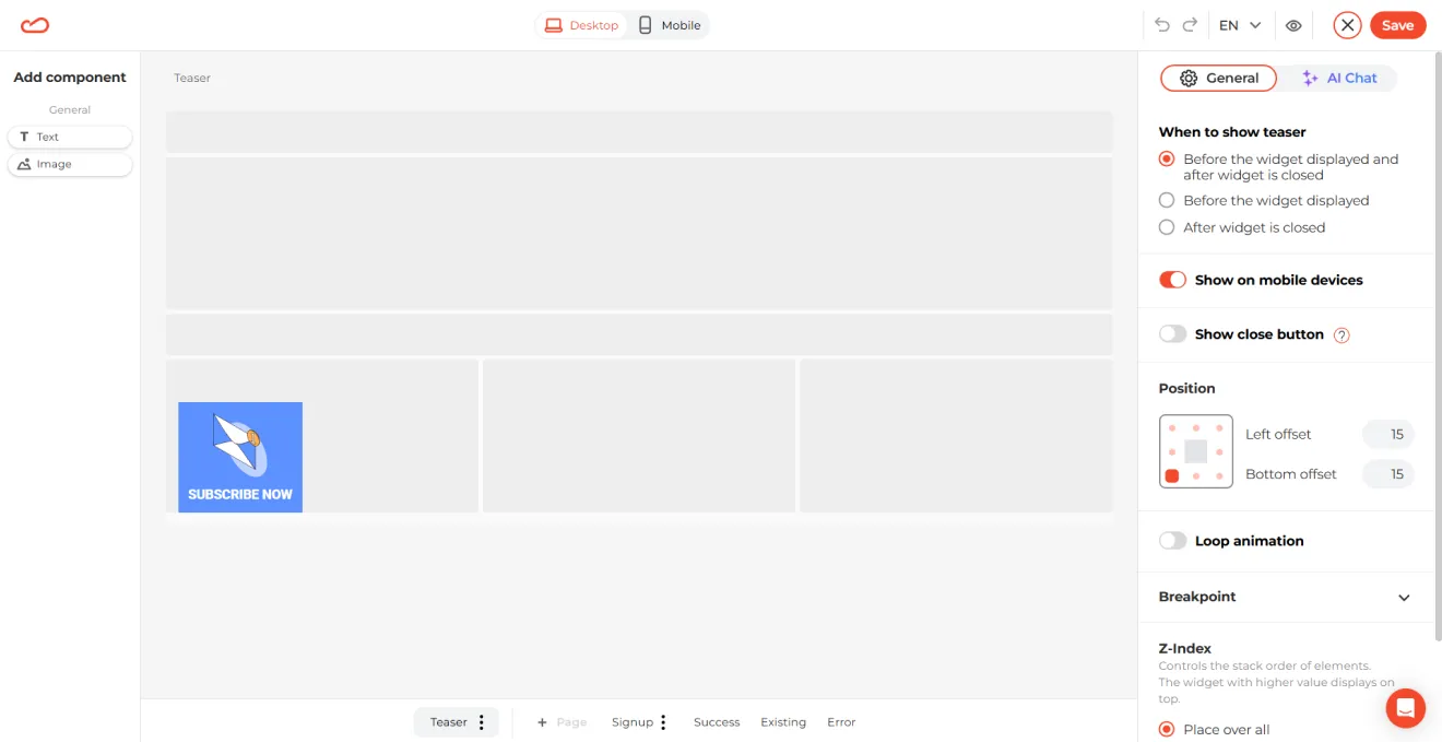  popup teaser settings in the Claspo editor