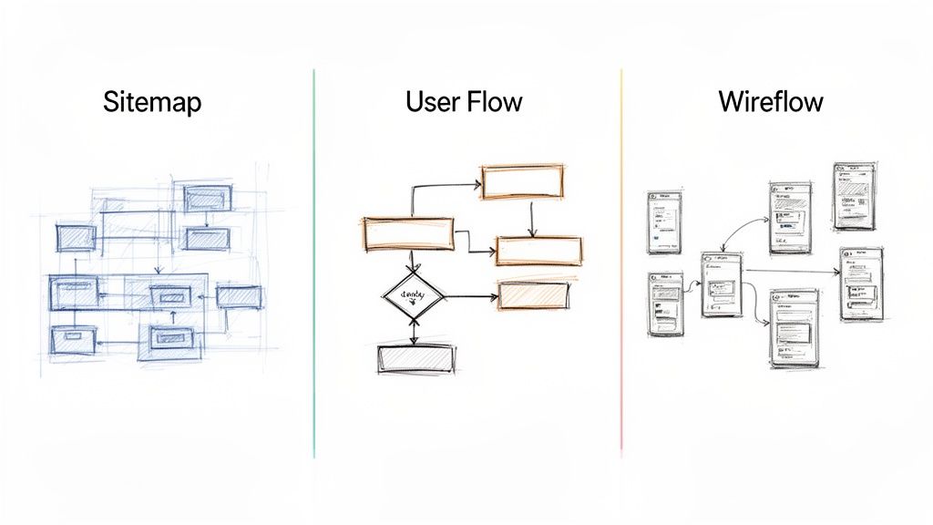 Three UX design diagrams: a sitemap, a user flow chart, and a wireflow for an app.