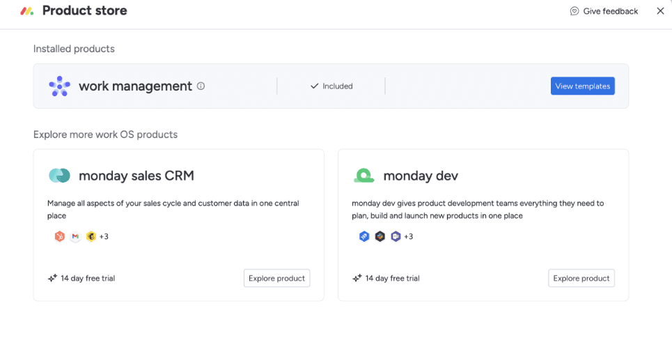 Overview of Monday’s core products; Work management, Sales CRM, and Dev.