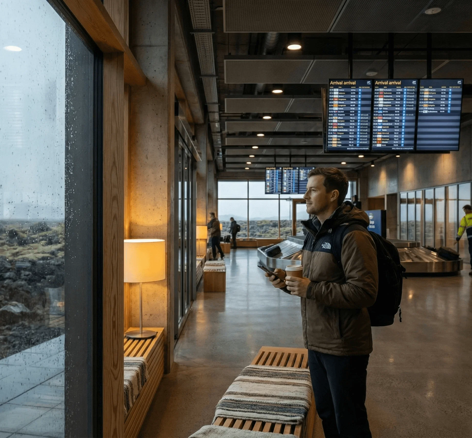 Traveler standing in a modern wood-lined airport arrival hall, holding a coffee cup and looking at flight screens.