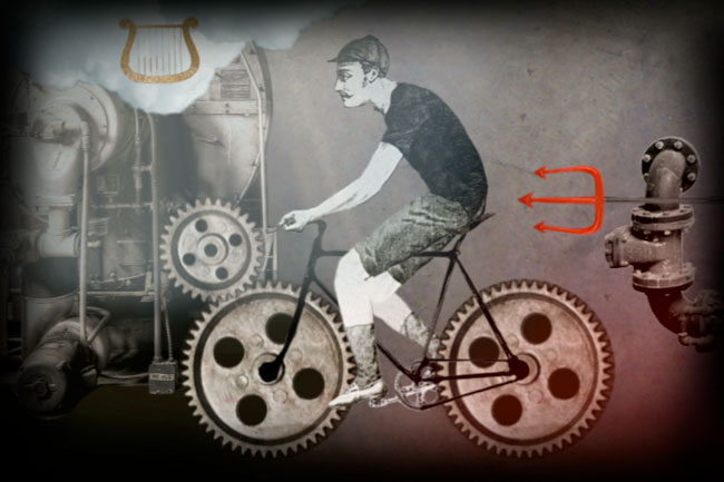 A man in a black shirt and cap rides a bicycle with large gears. The background includes industrial machinery, a lyre, a steam pipe, and a water valve with red arrows pointing toward it. The image has a vintage or retro aesthetic.