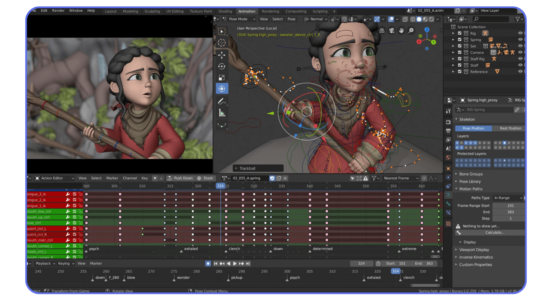 Blender animation workspace showing a 3D character holding a staff, with facial rig controls and keyframes displayed in the timeline editor.