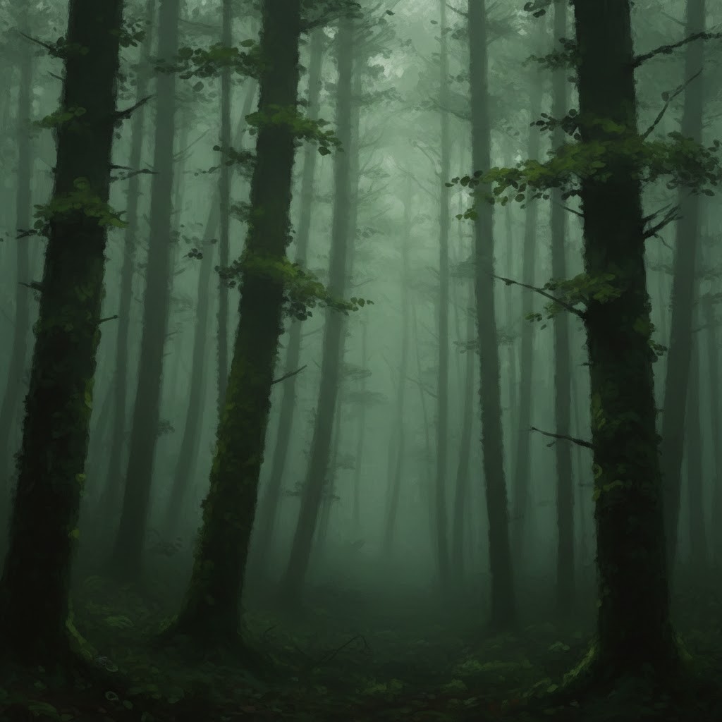 Dark misty forest trees