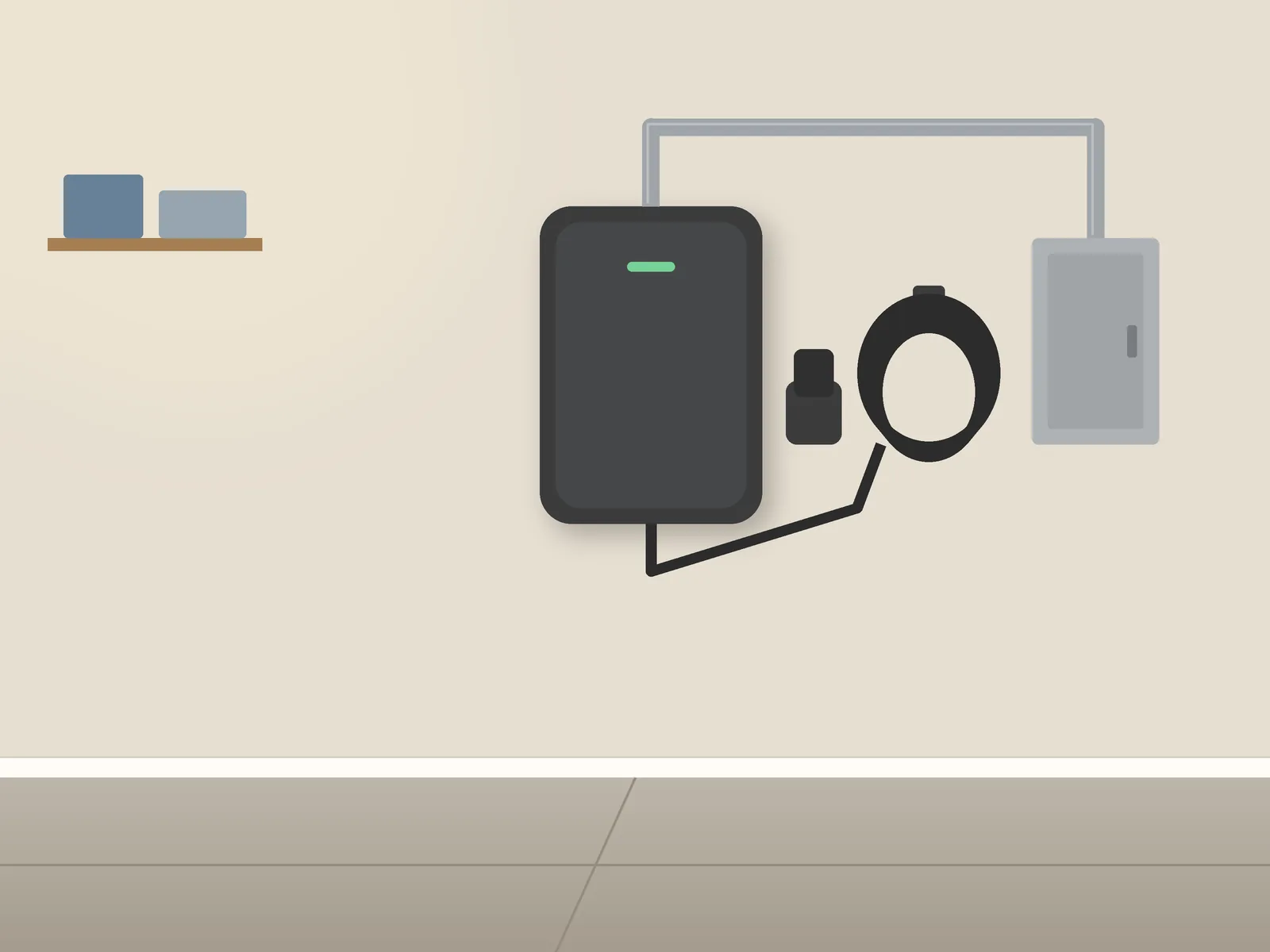 Garage wall with an EV charger, coiled cable and conduit to a subpanel