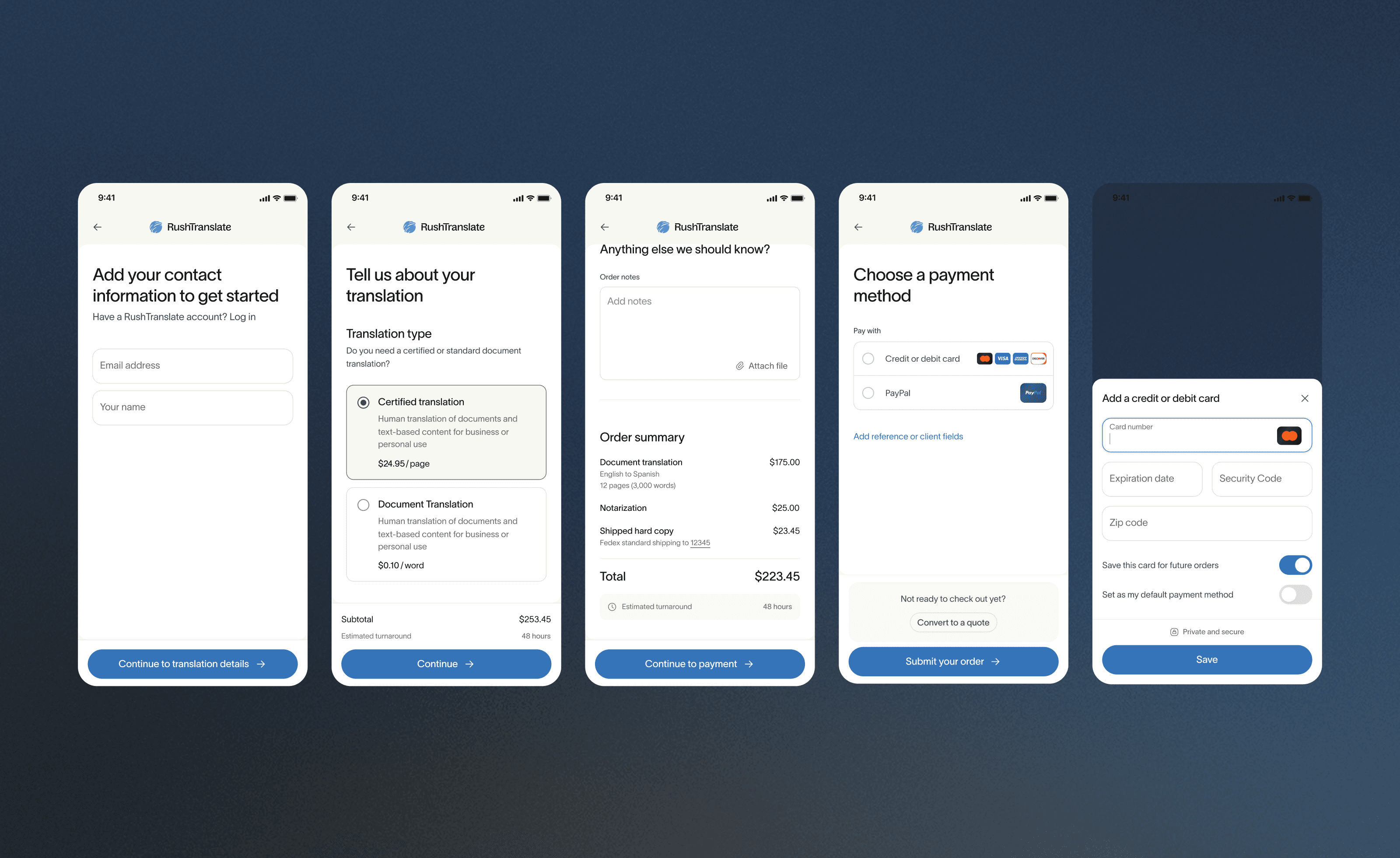 End-to-end checkout flows streamline the order or quote placement process, from account access, to service selections and payment. The flow was tested and refined to optimize the UX and conversions.