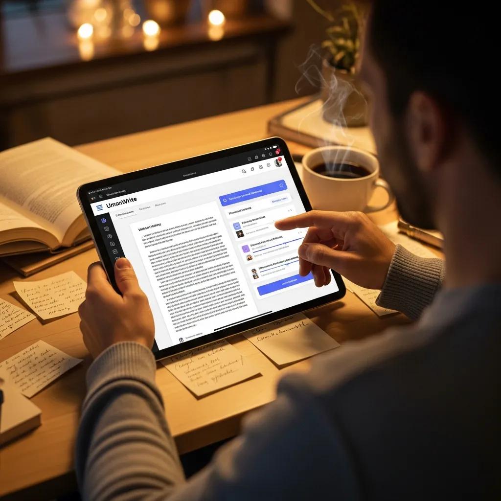 Person using a tablet with UmanWrite's interface in a cozy workspace