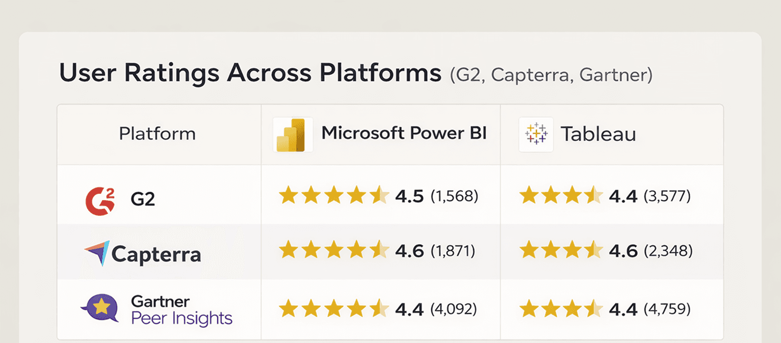 gartner Peer Insights,G2 and capterra user rating of tableau and power bi