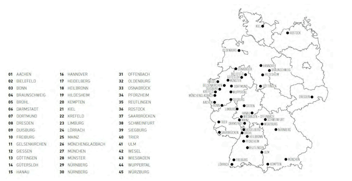 Isometrische Zeichnung eines Bauprojekts mit mehreren Gebäuden und markierten Strukturen in Rot