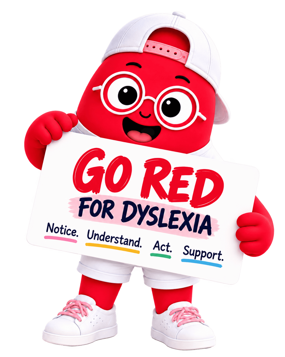 MDA mascot holding a Go Red for Dyslexia sign