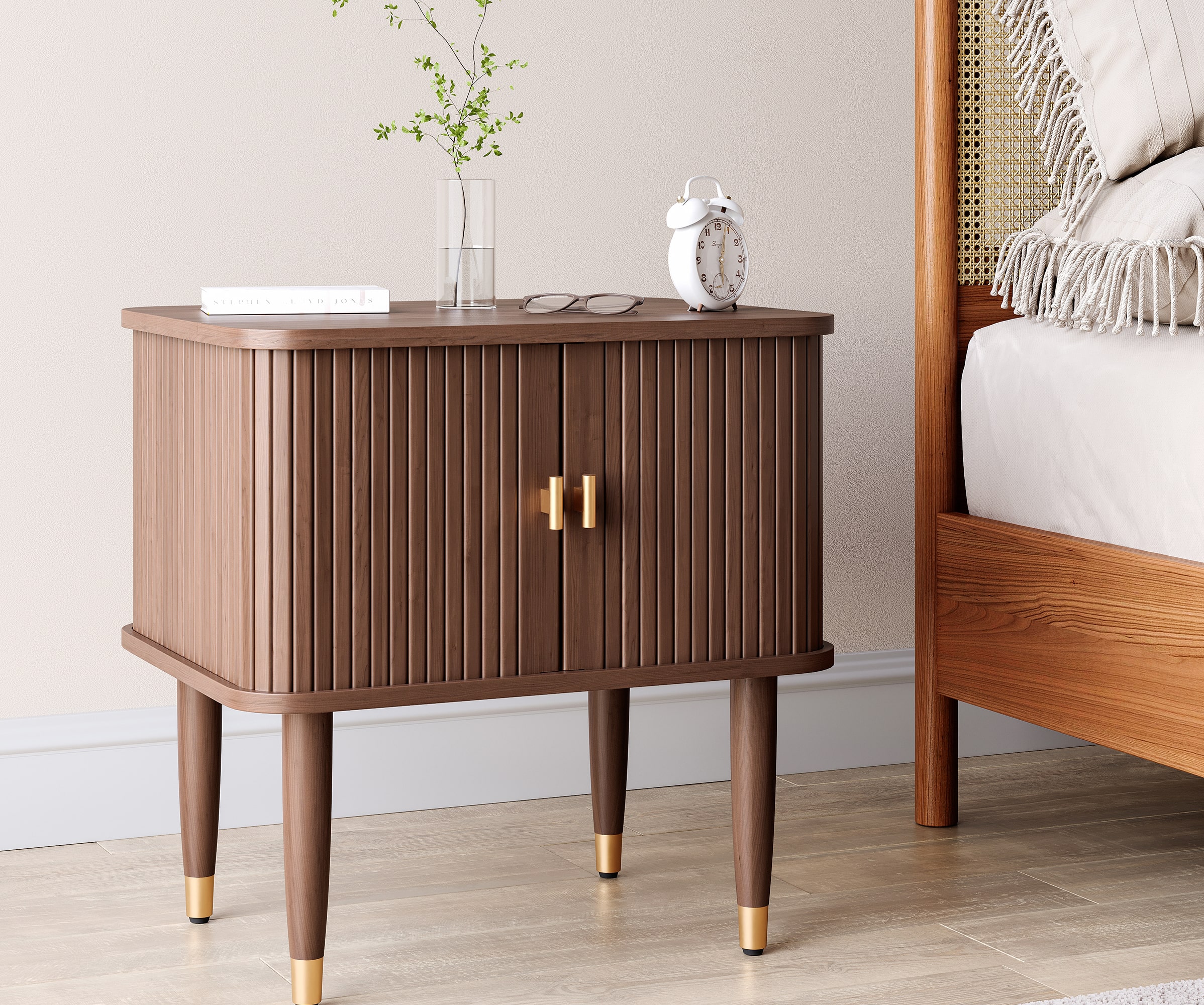 Wooden sideboard cabinet with decor items in a modern interior setting