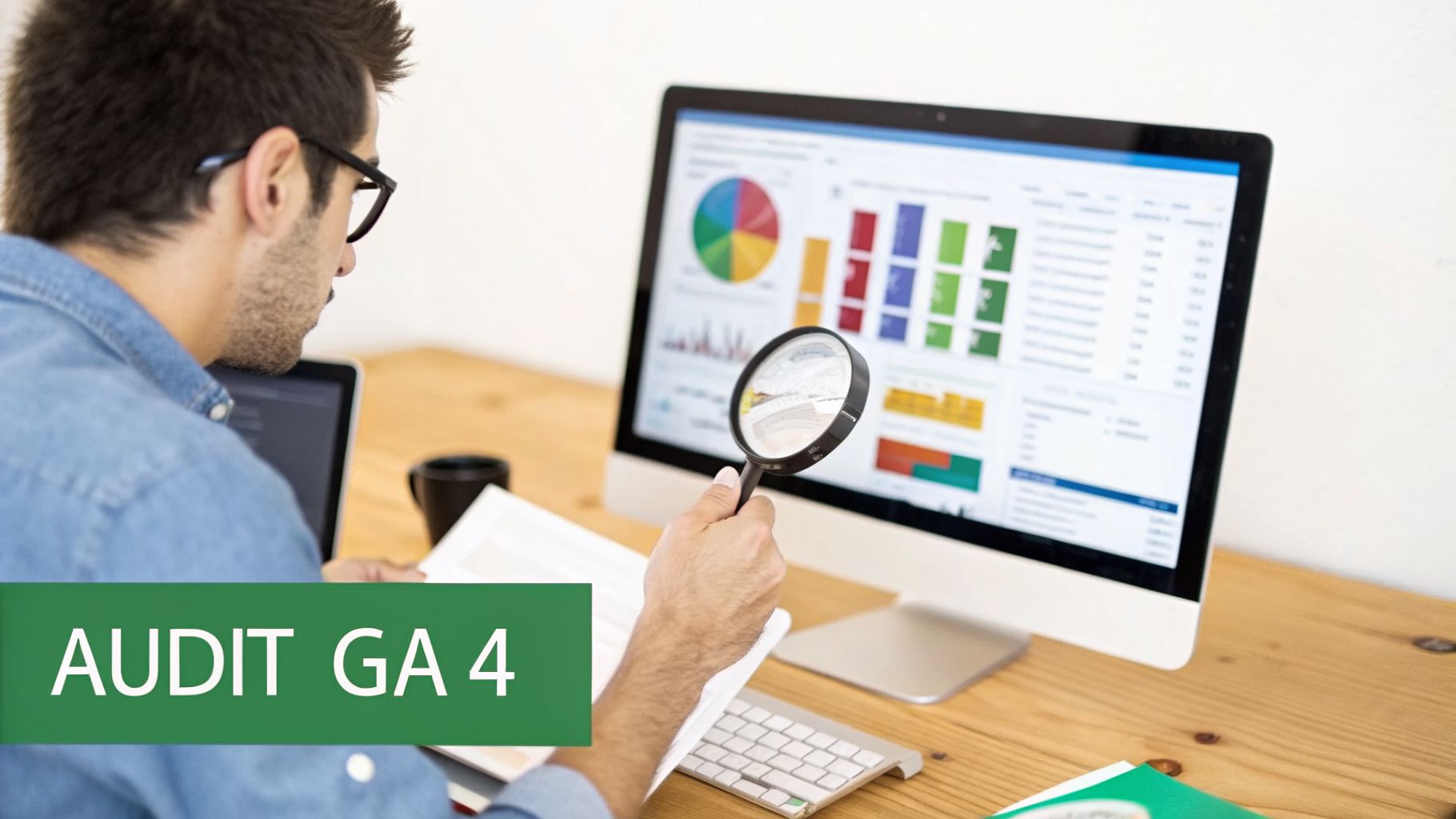 Un homme examine des données Google Analytics 4 sur un écran d'ordinateur avec une loupe.