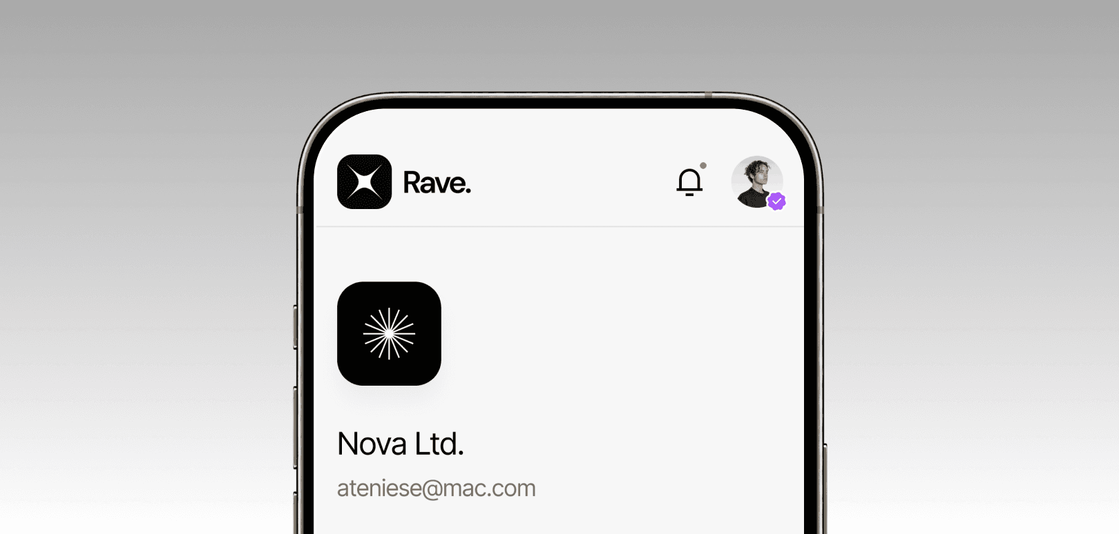 Minimal mobile dashboard UI showing user profile and notifications