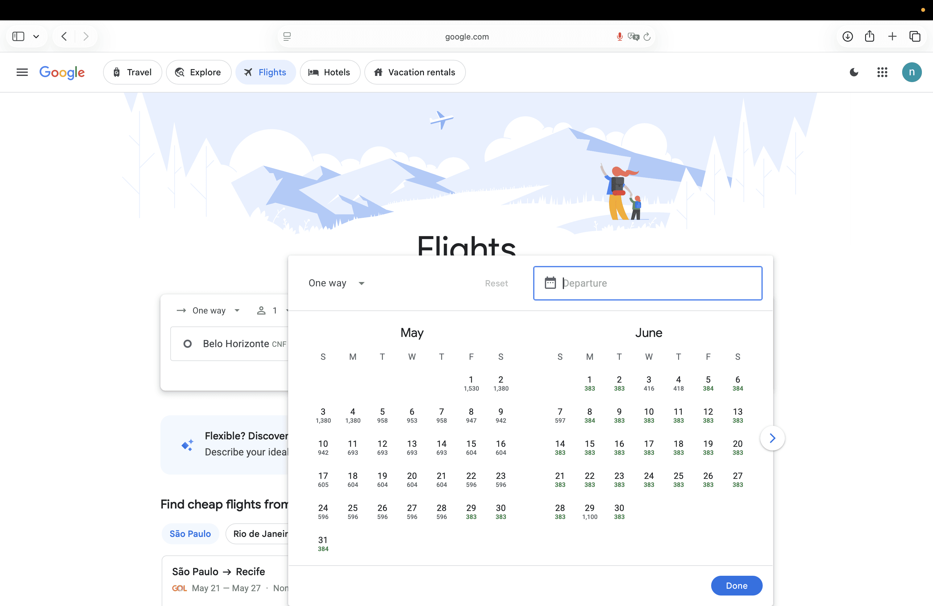 Calendário do Google Flights mostra passagem barata de Belo Horizonte para Fortaleza em junho