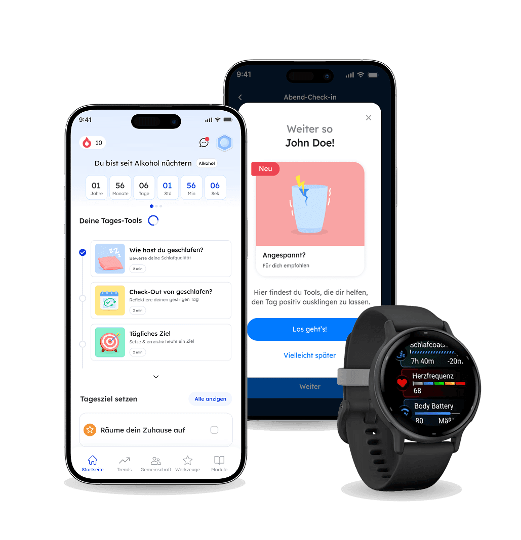 The image shows two smartphones and a smartwatch displaying an app interface with vibrant colors, featuring motivational messages, progress tracking, and health-focused icons, highlighting digital wellness, fitness and recovery tracking.