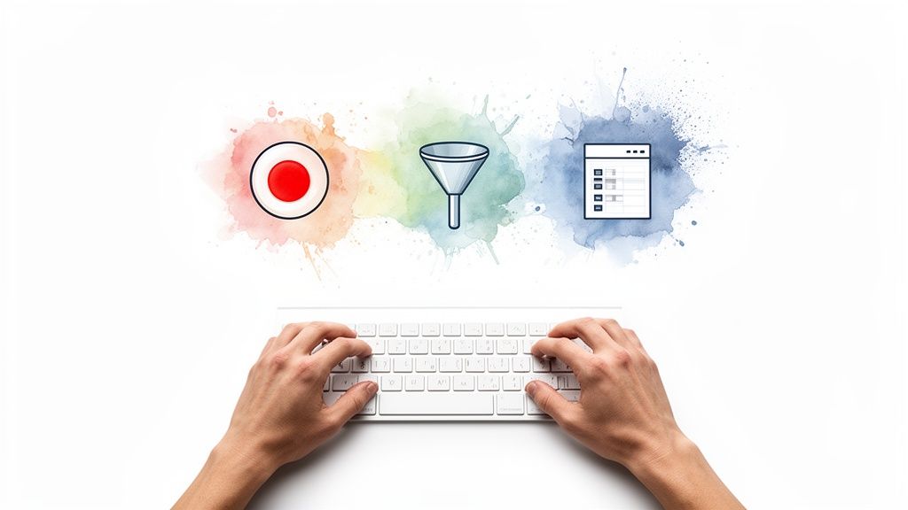 Overhead view of hands typing on a keyboard, illustrating data processing from input to spreadsheet.