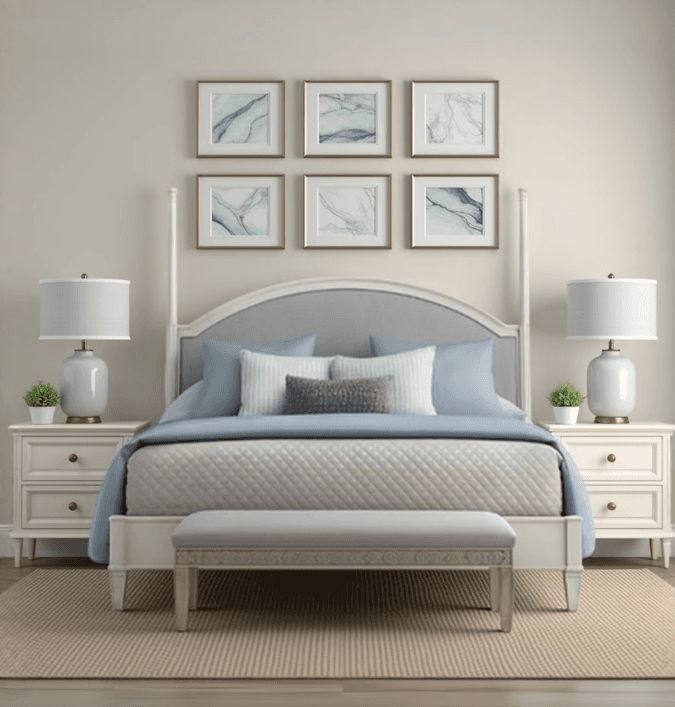 Three‑seater cream upholstered sofa with tufted back cushions and wooden arm frame
